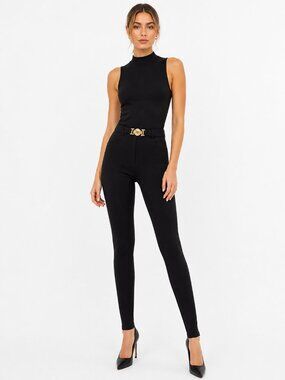 Vintage Caché Black Pants Gold Medallion Belt Stretch High Waist 90s Designer